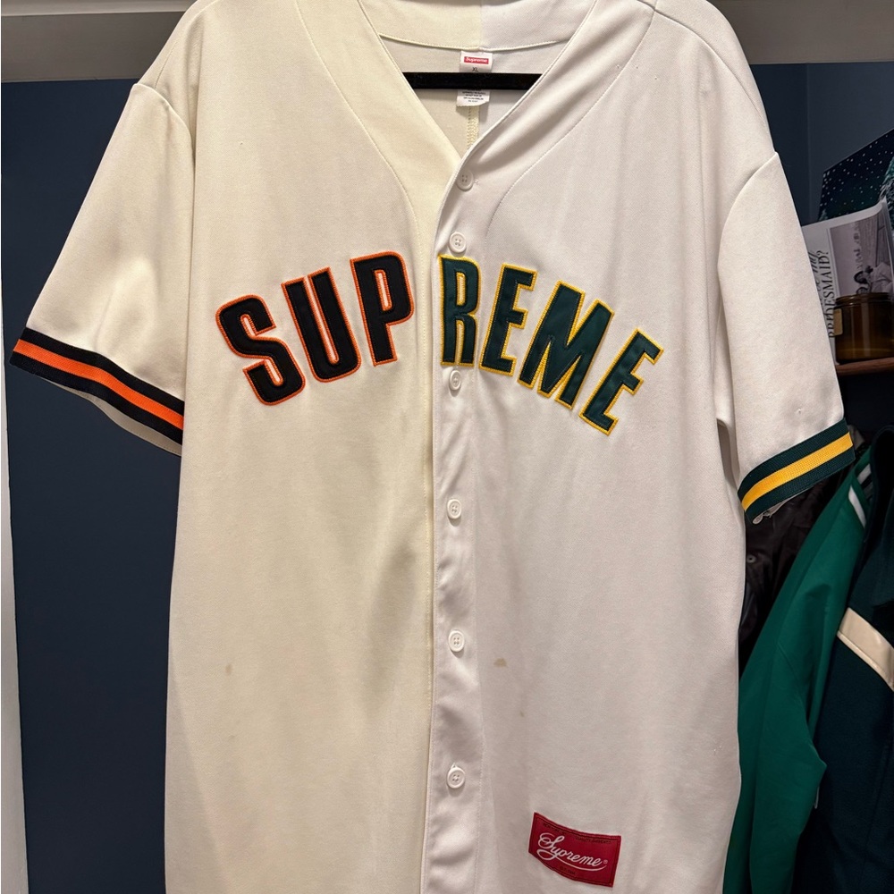 Supreme Red Logo Patch on White Fabric